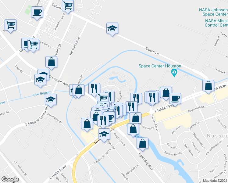 map of restaurants, bars, coffee shops, grocery stores, and more near 1275 El Camino Village Drive in Houston