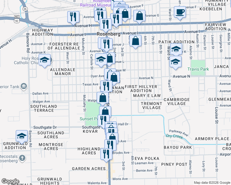 map of restaurants, bars, coffee shops, grocery stores, and more near 1805 2nd Street in Rosenberg