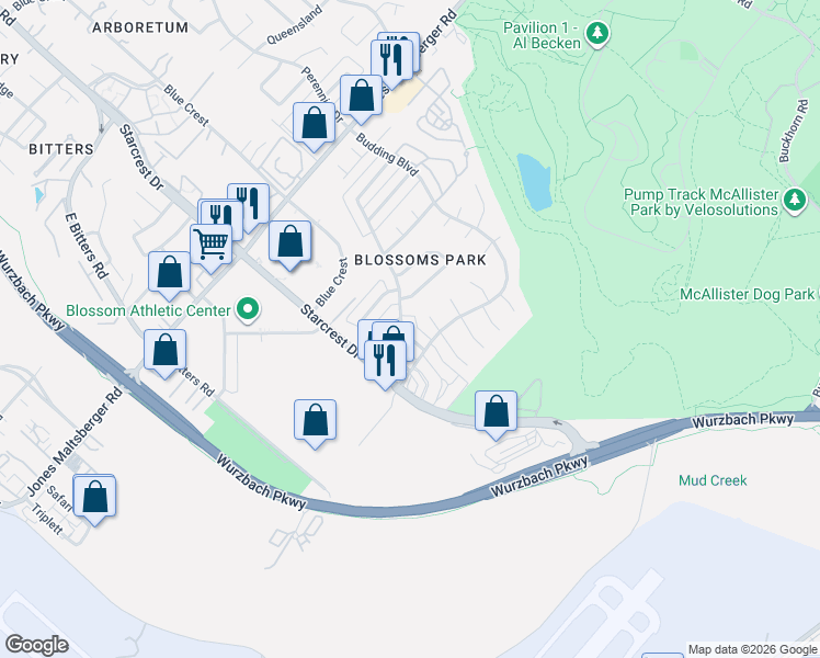map of restaurants, bars, coffee shops, grocery stores, and more near 2133 Lotus Blossom Street in San Antonio