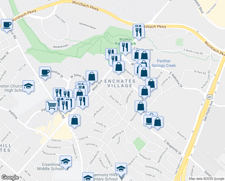 map of restaurants, bars, coffee shops, grocery stores, and more near 618 Chauncey Drive in San Antonio