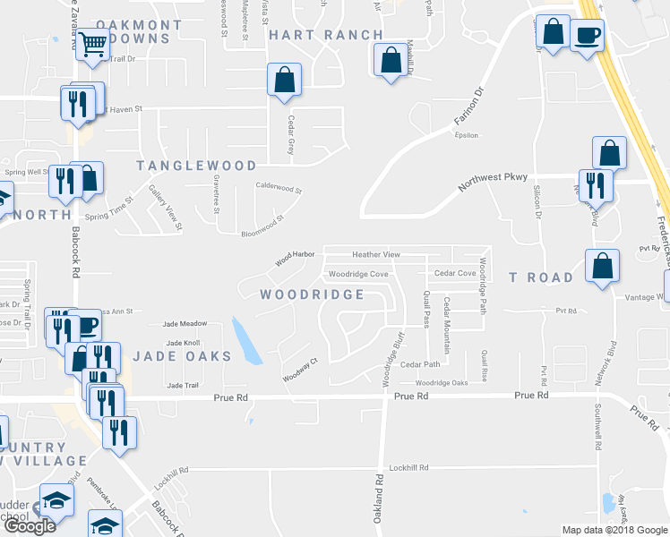 map of restaurants, bars, coffee shops, grocery stores, and more near 5979 Woodridge Cove in San Antonio
