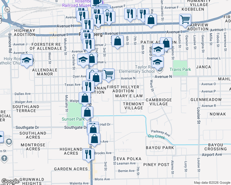 map of restaurants, bars, coffee shops, grocery stores, and more near 1719 4th Street in Rosenberg