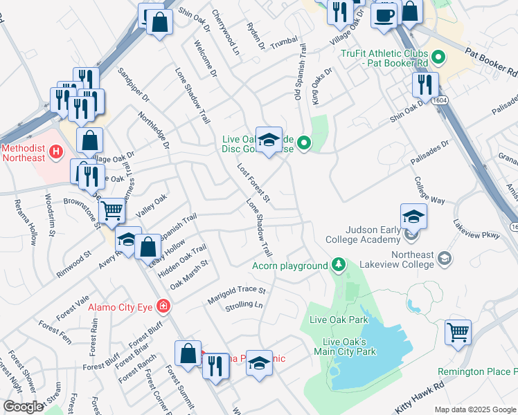 map of restaurants, bars, coffee shops, grocery stores, and more near 12213 Lone Shadow Trail in Live Oak