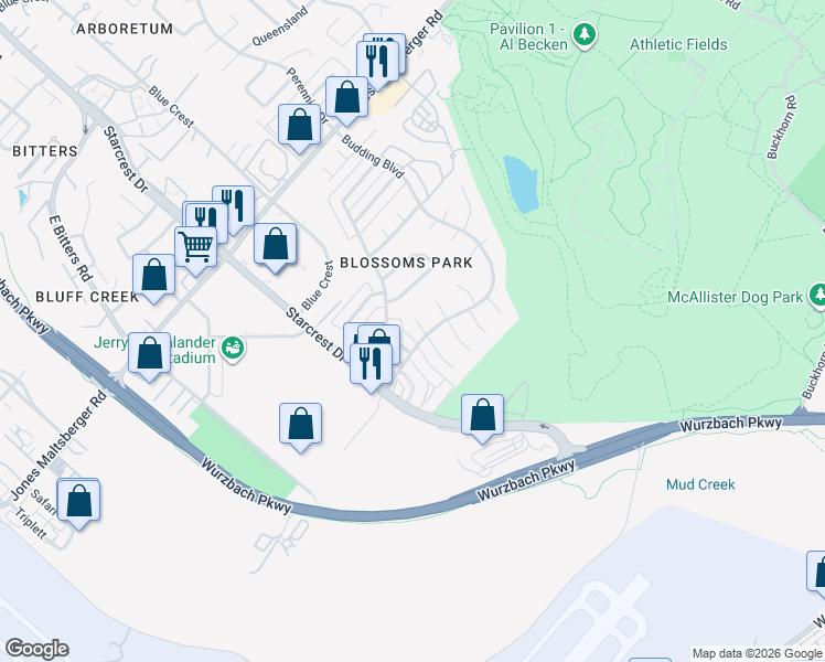 map of restaurants, bars, coffee shops, grocery stores, and more near 2203 Orange Blossom Street in San Antonio