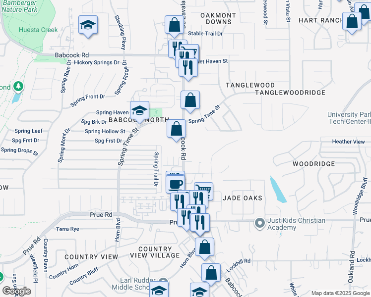map of restaurants, bars, coffee shops, grocery stores, and more near 6465 Babcock Road in San Antonio