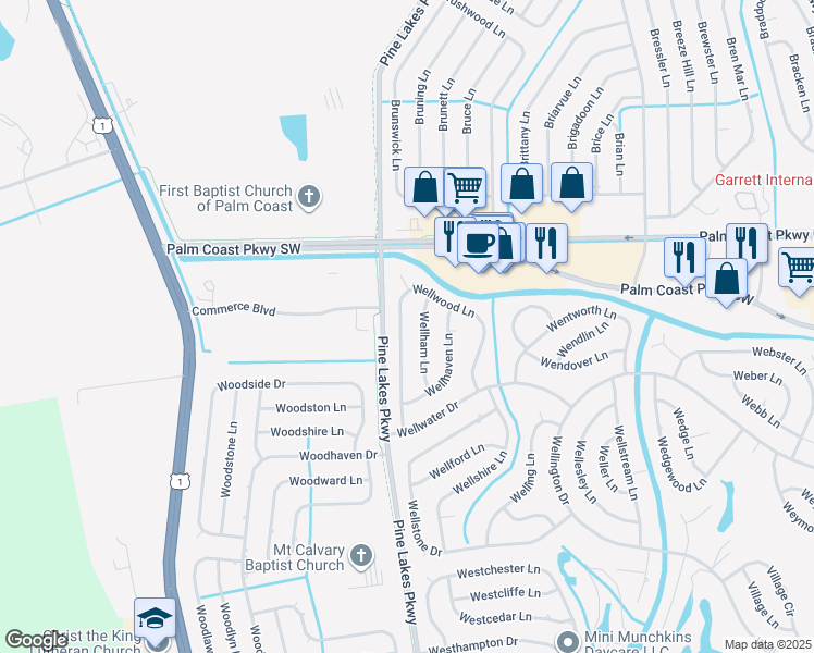 map of restaurants, bars, coffee shops, grocery stores, and more near 29 Wellham Lane in Palm Coast