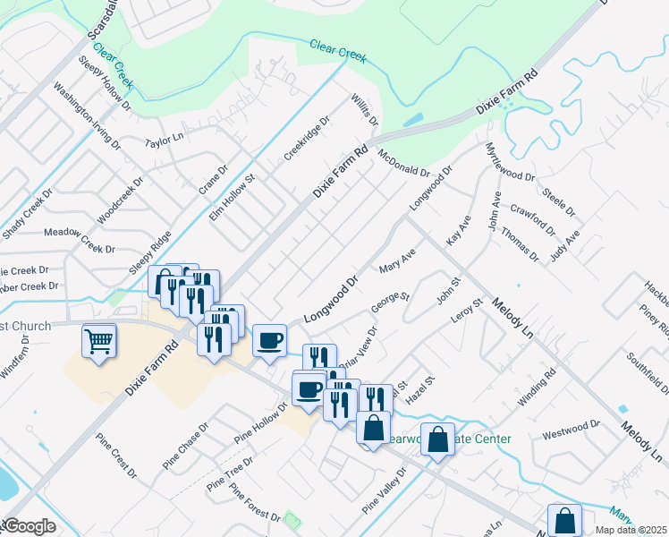 map of restaurants, bars, coffee shops, grocery stores, and more near 2509 Piney Woods Drive in Pearland