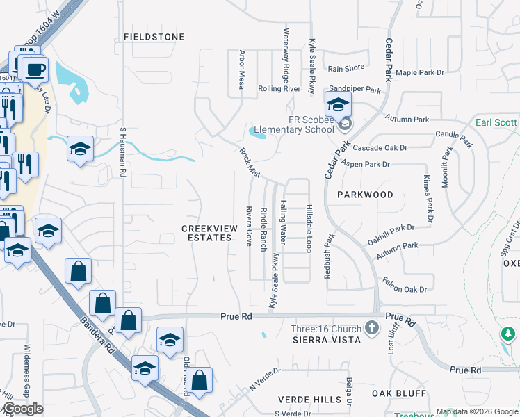 map of restaurants, bars, coffee shops, grocery stores, and more near 11027 Rindle Ranch in San Antonio