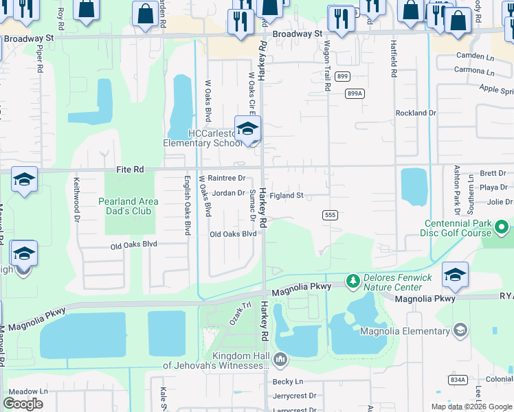 map of restaurants, bars, coffee shops, grocery stores, and more near 3109 Sumac Drive in Pearland