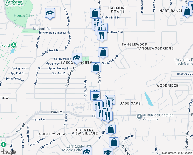 map of restaurants, bars, coffee shops, grocery stores, and more near 6526 Spring Time Street in San Antonio