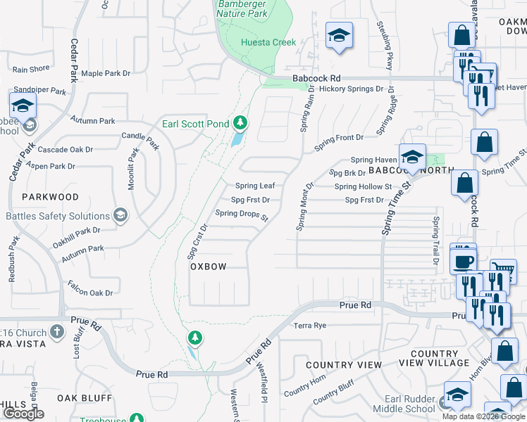 map of restaurants, bars, coffee shops, grocery stores, and more near 7107 Spring Drops Street in San Antonio