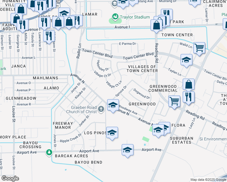 map of restaurants, bars, coffee shops, grocery stores, and more near 1810 Manor Circle in Rosenberg
