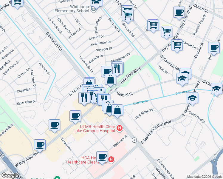 map of restaurants, bars, coffee shops, grocery stores, and more near 487 Bay Area Boulevard in Houston