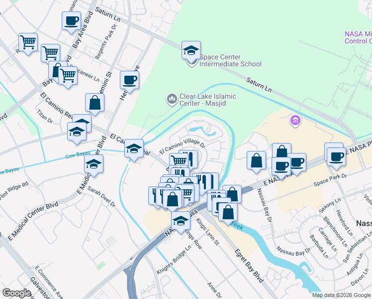 map of restaurants, bars, coffee shops, grocery stores, and more near 1387 El Camino Village Dr in Houston