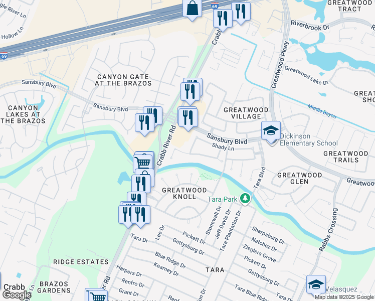 map of restaurants, bars, coffee shops, grocery stores, and more near 1201 Green Knoll Drive in Sugar Land