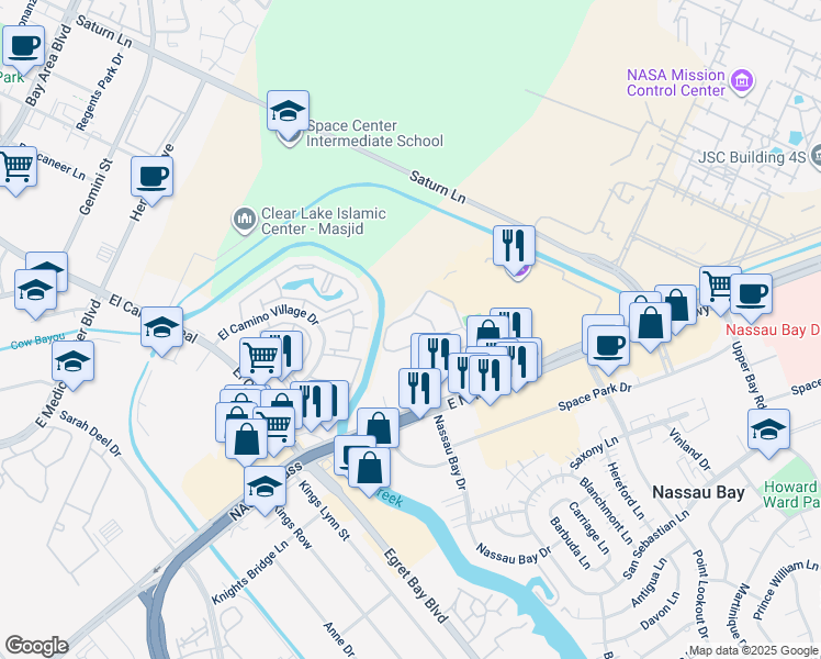 map of restaurants, bars, coffee shops, grocery stores, and more near 17825 Kings Park Lane in Houston