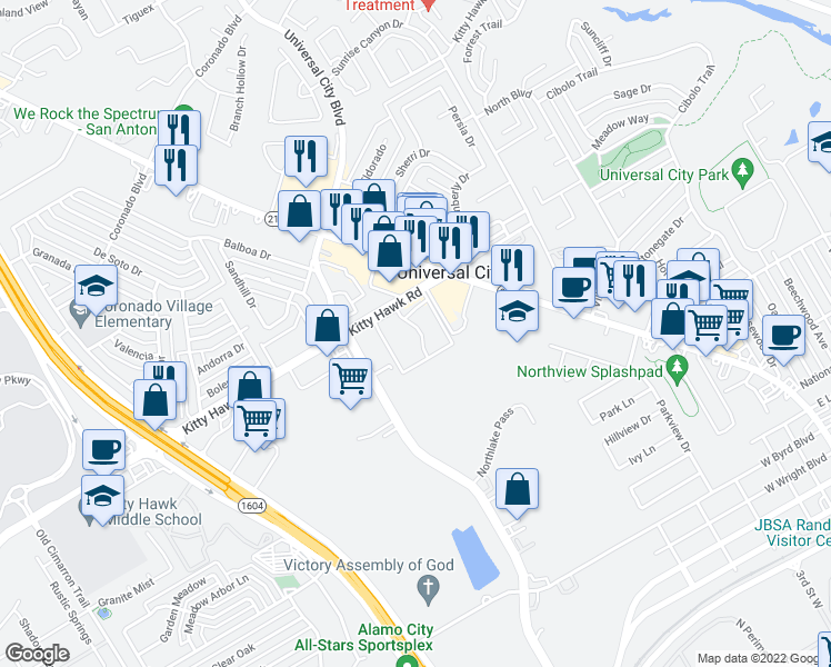 map of restaurants, bars, coffee shops, grocery stores, and more near 330 Kitty Hawk Road in Universal City
