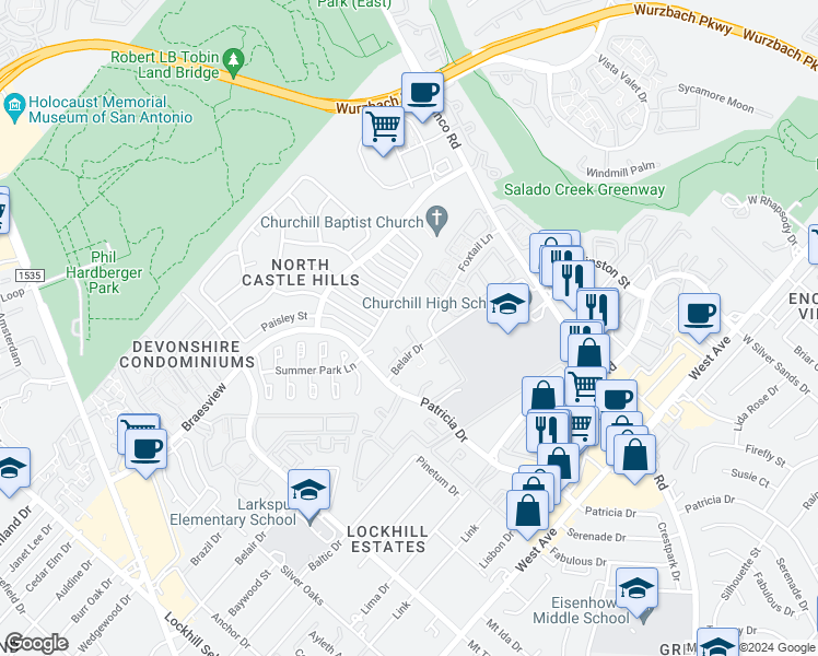 map of restaurants, bars, coffee shops, grocery stores, and more near 23 Fox Tail in San Antonio
