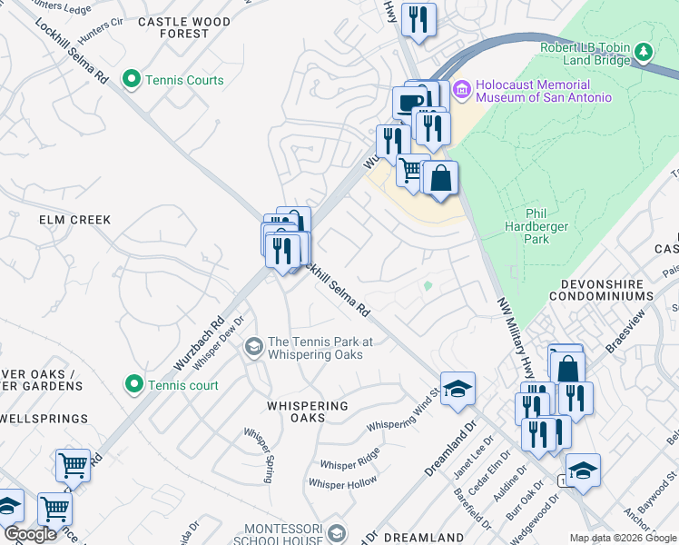 map of restaurants, bars, coffee shops, grocery stores, and more near 2694 Lockhill Selma Road in San Antonio