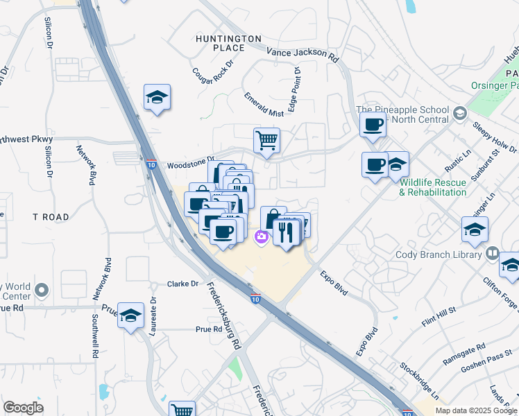 map of restaurants, bars, coffee shops, grocery stores, and more near 11138 Huebner Oaks in San Antonio