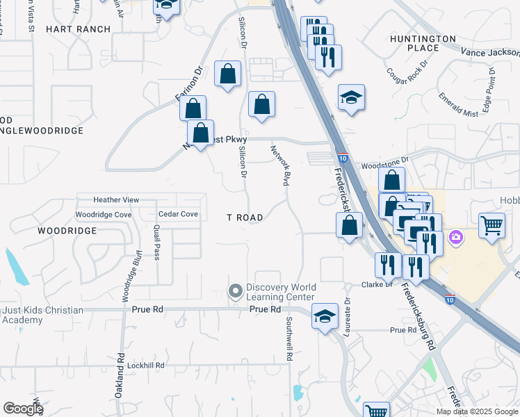 map of restaurants, bars, coffee shops, grocery stores, and more near 12449 Silicon Drive in San Antonio