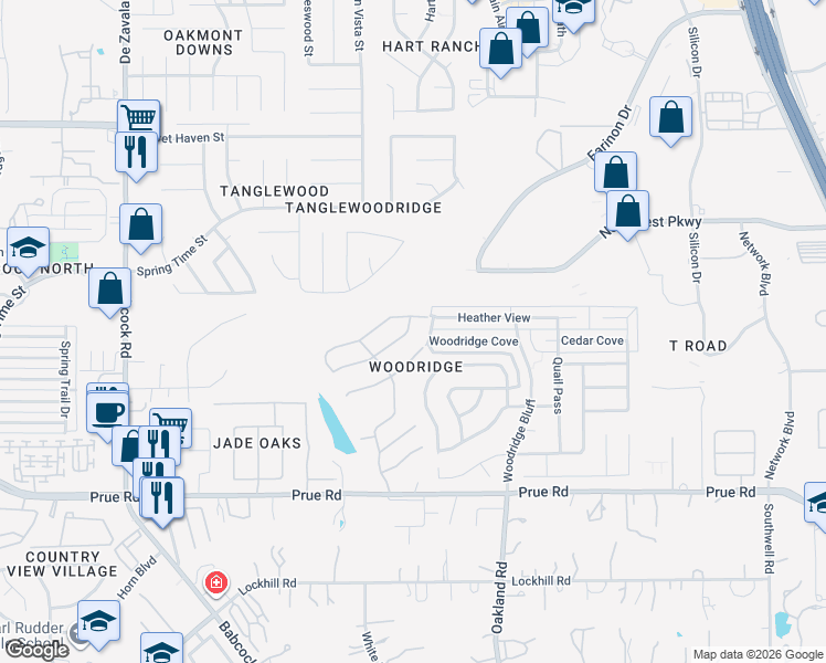 map of restaurants, bars, coffee shops, grocery stores, and more near 6022 Wood Pass in San Antonio