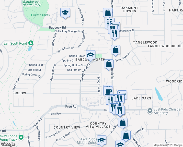 map of restaurants, bars, coffee shops, grocery stores, and more near 6610 Spring Manor Street in San Antonio