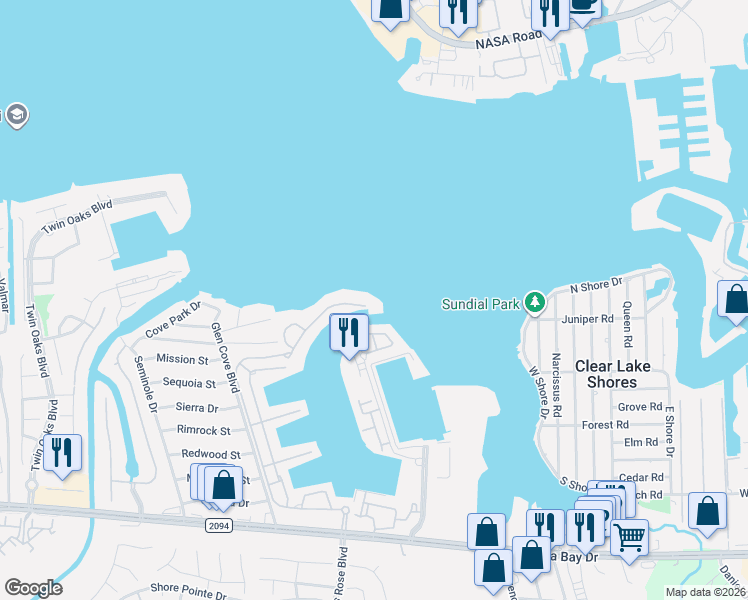 map of restaurants, bars, coffee shops, grocery stores, and more near 15 Waterford Oak Lane in Kemah