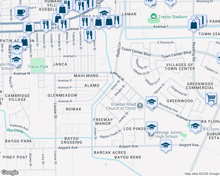map of restaurants, bars, coffee shops, grocery stores, and more near 1704 Jones Street in Rosenberg