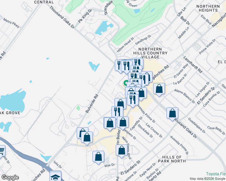 map of restaurants, bars, coffee shops, grocery stores, and more near 11939 Nacogdoches Road in San Antonio