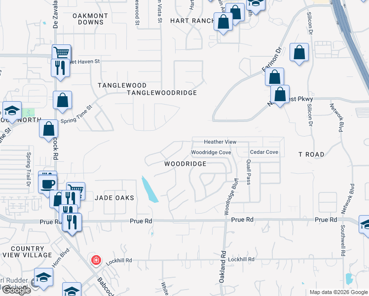 map of restaurants, bars, coffee shops, grocery stores, and more near 6022 Wood Pass in San Antonio