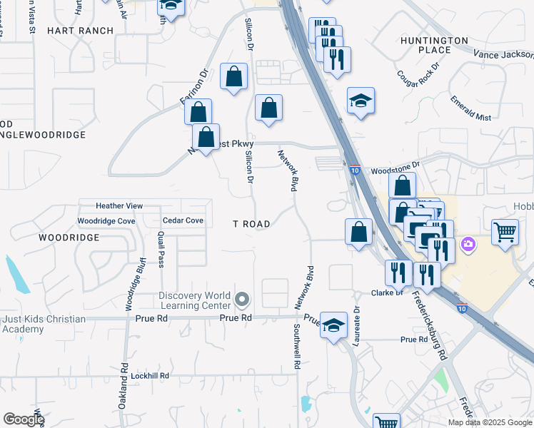 map of restaurants, bars, coffee shops, grocery stores, and more near 12459 Network Boulevard in San Antonio