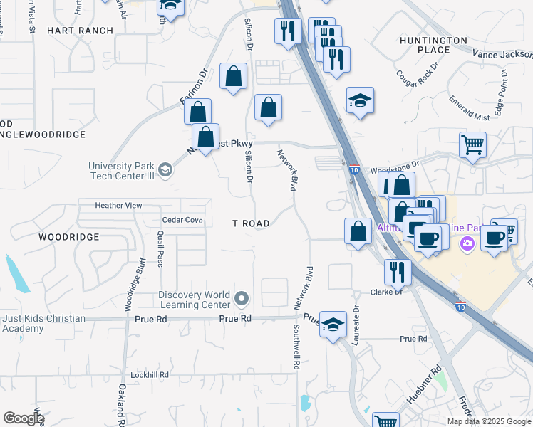 map of restaurants, bars, coffee shops, grocery stores, and more near 12459 Network Boulevard in San Antonio