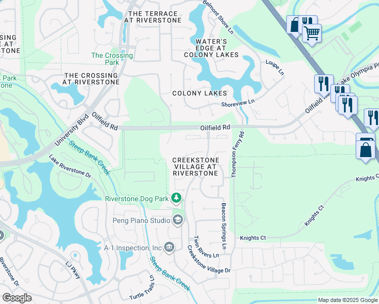 map of restaurants, bars, coffee shops, grocery stores, and more near 5011 Jade Cove Court in Sugar Land