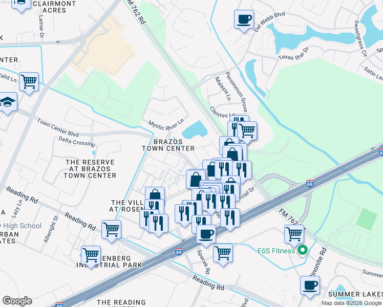 map of restaurants, bars, coffee shops, grocery stores, and more near 3308 Rainflower Springs Lane in Rosenberg