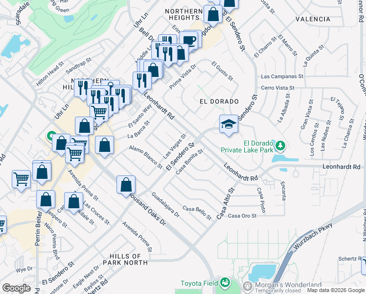 map of restaurants, bars, coffee shops, grocery stores, and more near 12101 El Sendero Street in San Antonio