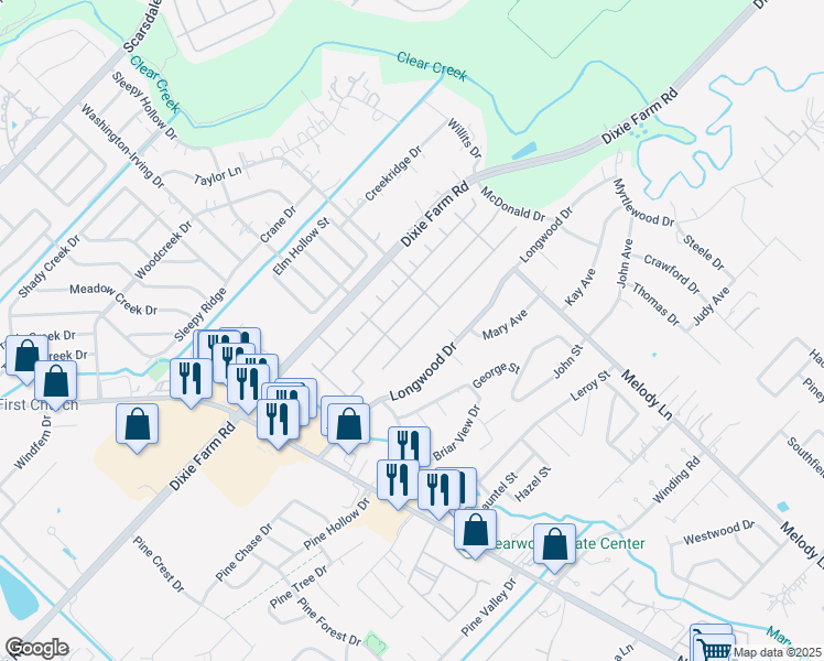 map of restaurants, bars, coffee shops, grocery stores, and more near 2509 Piney Woods Drive in Pearland