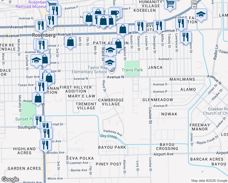 map of restaurants, bars, coffee shops, grocery stores, and more near 2717 Parrott Avenue in Rosenberg