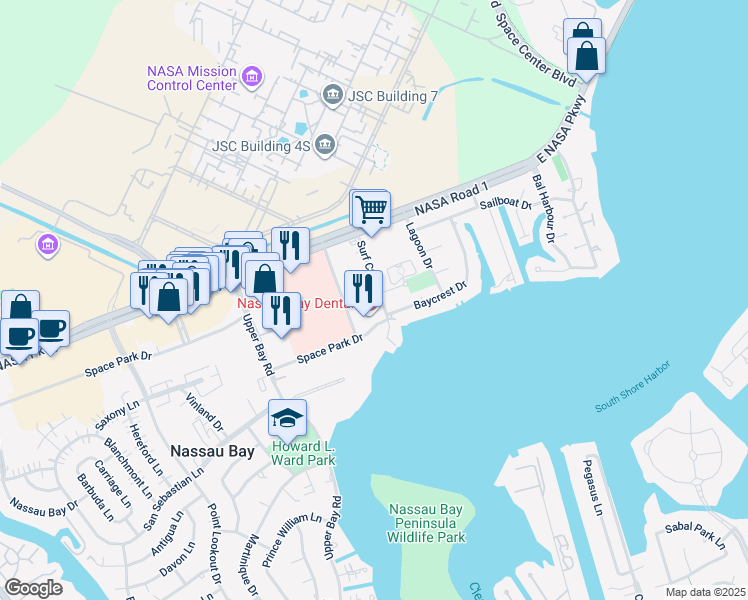 map of restaurants, bars, coffee shops, grocery stores, and more near 2401 Baycrest Drive in Houston