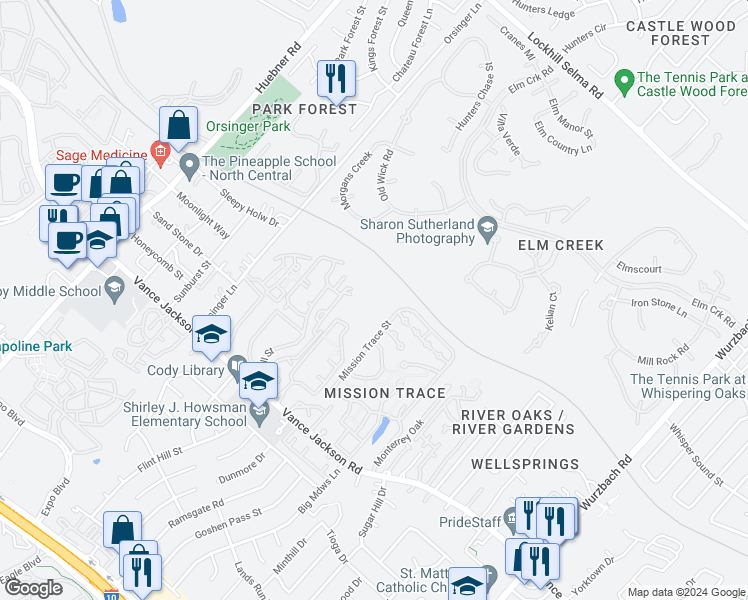 map of restaurants, bars, coffee shops, grocery stores, and more near 11818 Mission Trace Street in San Antonio