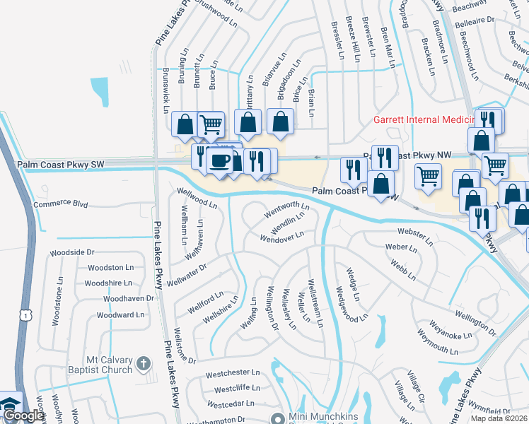 map of restaurants, bars, coffee shops, grocery stores, and more near 40 Wentworth Lane in Palm Coast