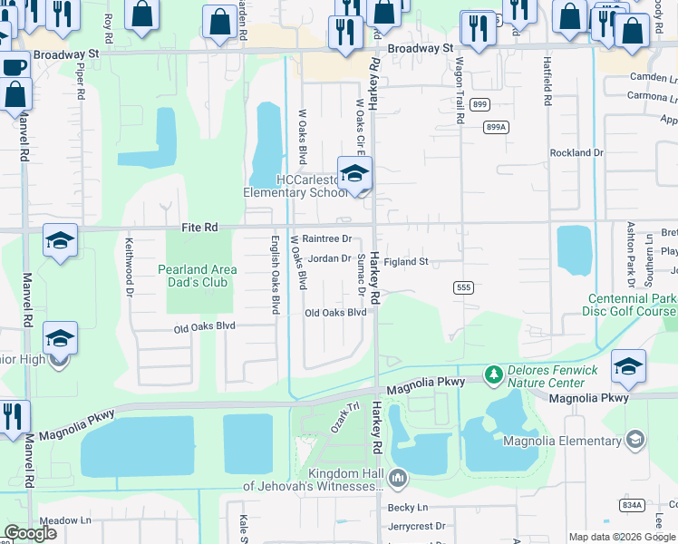 map of restaurants, bars, coffee shops, grocery stores, and more near 3108 Sagewood Court in Pearland