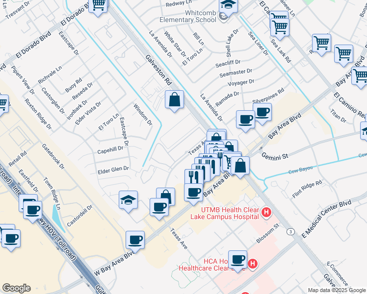 map of restaurants, bars, coffee shops, grocery stores, and more near 100 Texas Avenue in Webster