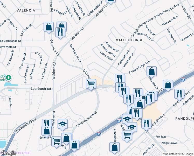 map of restaurants, bars, coffee shops, grocery stores, and more near 5830 Liberty Bell Street in San Antonio