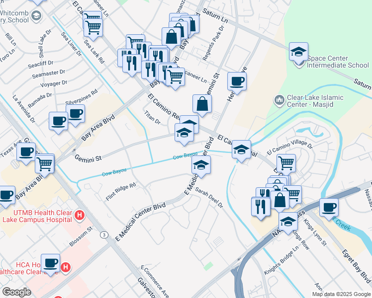 map of restaurants, bars, coffee shops, grocery stores, and more near 17222 Mercury Drive in Houston