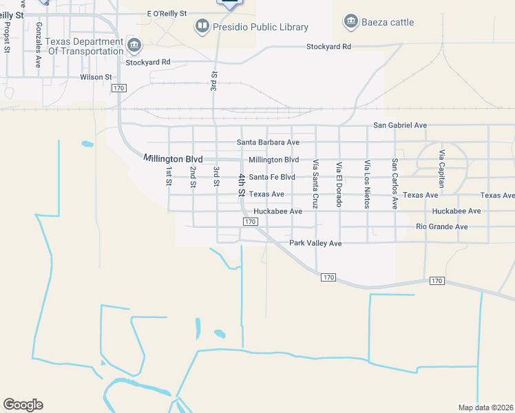map of restaurants, bars, coffee shops, grocery stores, and more near Huckabee Avenue in Presidio