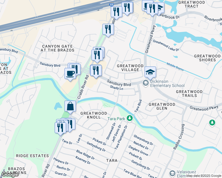 map of restaurants, bars, coffee shops, grocery stores, and more near 6735 Flowermound Drive in Sugar Land