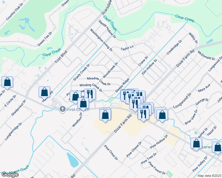 map of restaurants, bars, coffee shops, grocery stores, and more near 1804 Sleepy Creek Way in Pearland
