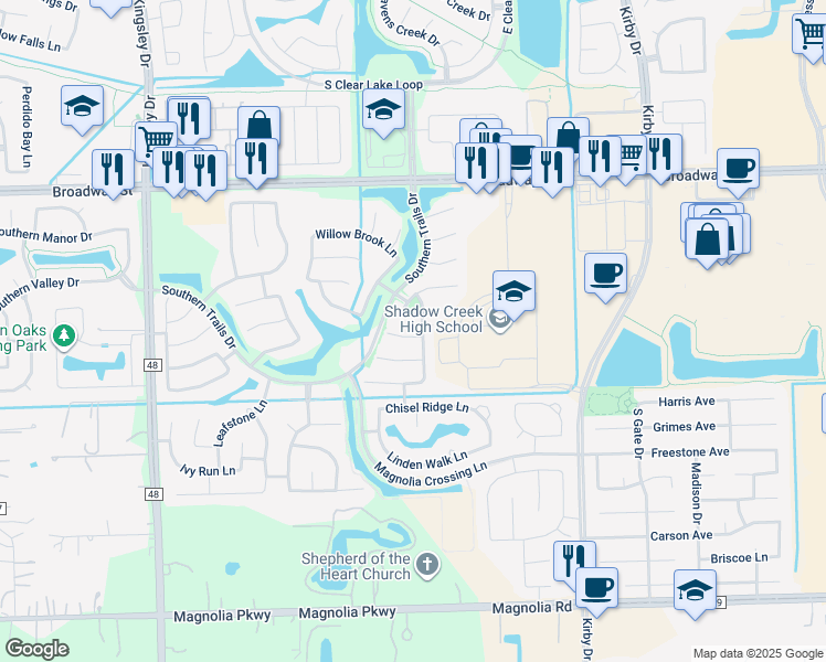 map of restaurants, bars, coffee shops, grocery stores, and more near 12003 Dawn Mist Court in Pearland