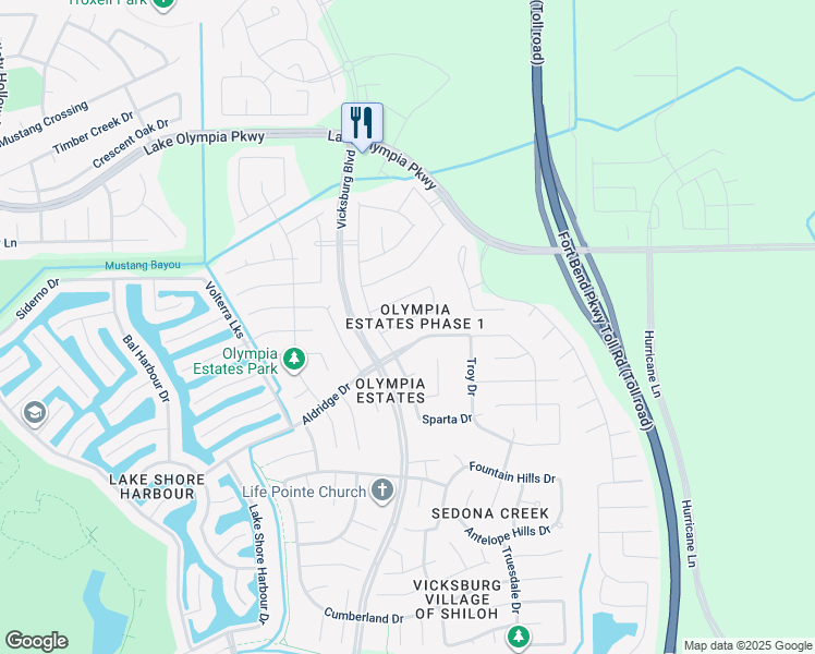 map of restaurants, bars, coffee shops, grocery stores, and more near 3403 Oaklawn Place Drive in Missouri City